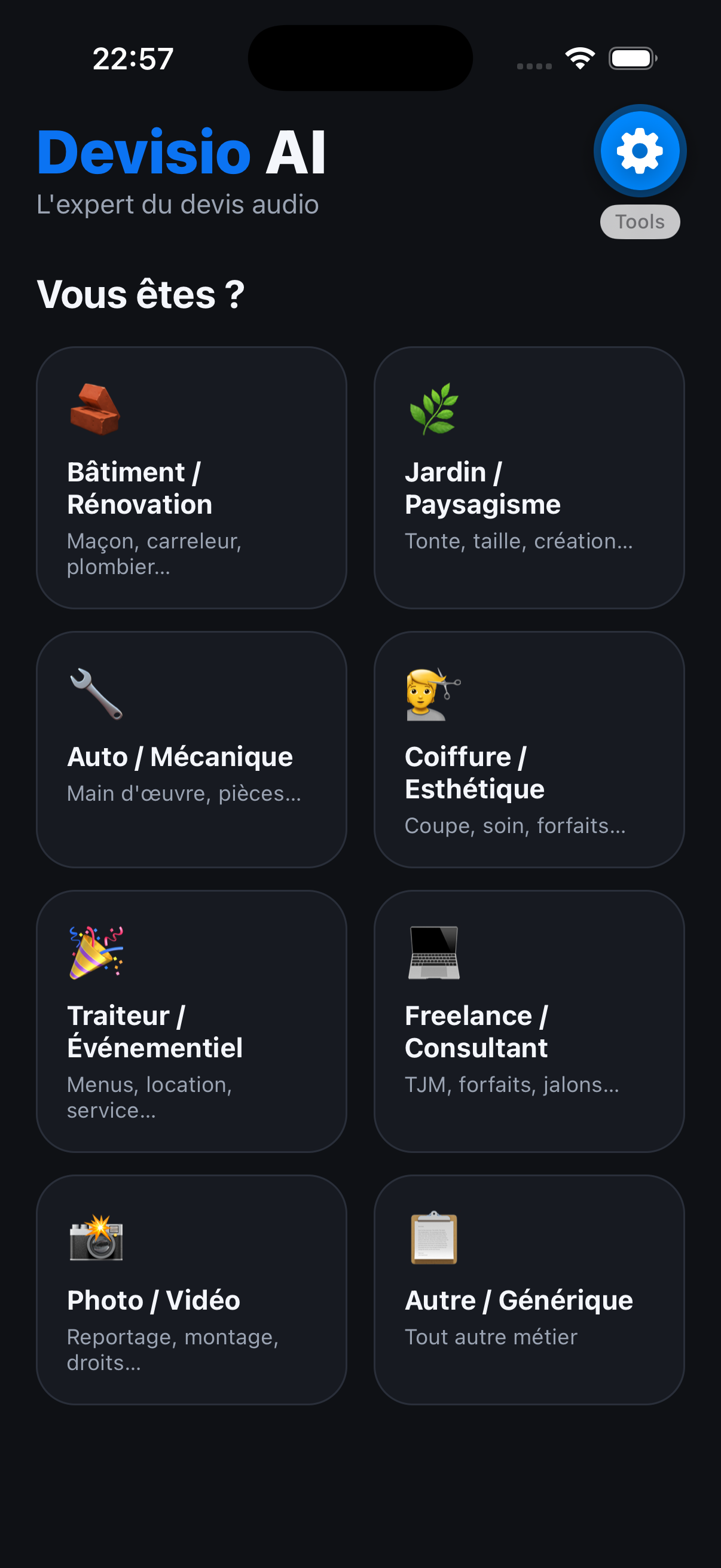 Écran d'accueil de l'application Devisio AI